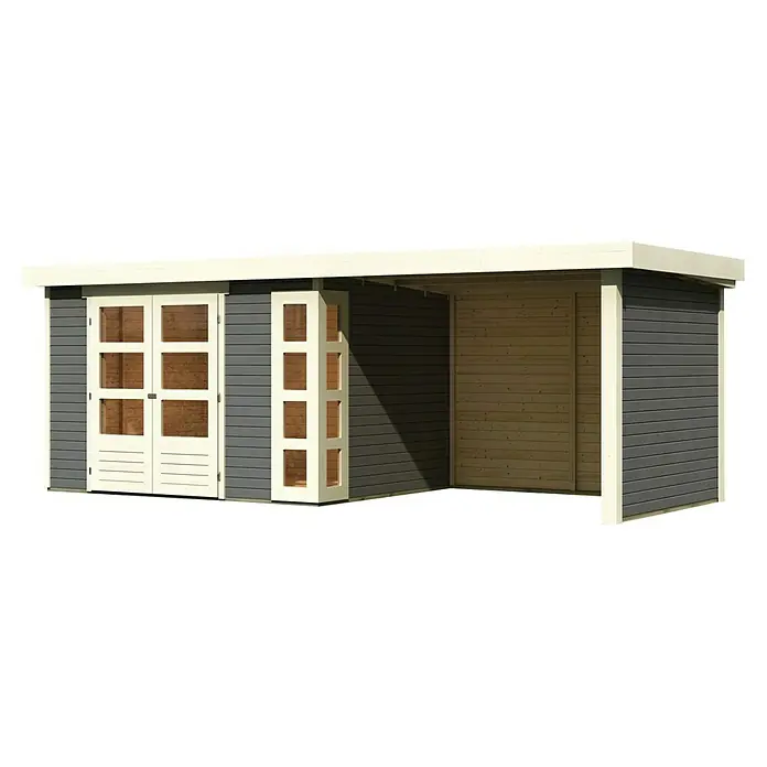 Karibu Gartenhaus Kerko 5 - Außenmaß inkl. Dachüberstand (B x T): 591,5 x 262 cm, Holz, Terragrau, Mit Seitendach, Rück- und Seitenwand - Helle Außenansicht eines Holzschuppens mit Doppeltüren, Fensterakzenten und einem offenen Anbau, der einen einfachen Lagerraum bietet.