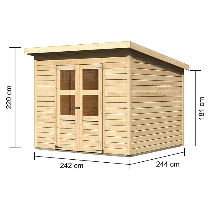 Karibu Gartenhaus Merseburg 6 - Außenmaß inkl. Dachüberstand (B x T): 265 x 265 cm, Holz, Natur, Ohne Seitendach - Abbildung eines Holzgartenschuppens mit Doppeltür und den Maßen 242 cm x 244 cm x 220 cm (Höhe) / 181 cm (Seite).