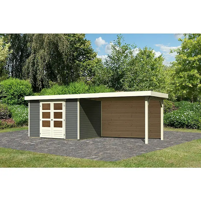 Karibu Gartenhaus Askola 4 - Außenmaß inkl. Dachüberstand (B x T): 591,5 x 238 cm, Holz, Terragrau, Mit Seitendach und Rückwand - Holzgartenhaus mit Veranda und Doppeltür. Das Gartenhaus ist grau und die Veranda ist aus Holz.