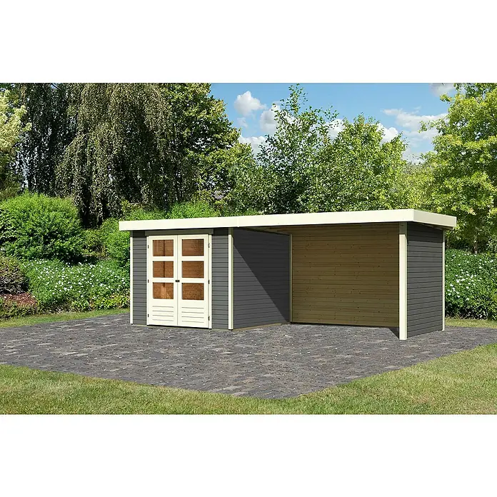 Karibu Gartenhaus Askola 3,5 - Außenmaß inkl. Dachüberstand (B x T): 528,5 x 262 cm, Holz, Terragrau, Mit Seitendach, Rück- und Seitenwand - Das Bild zeigt ein modernes Gartenhaus mit einem offenen Anbau, ideal für die Aufbewahrung oder als stilvoller Unterstand im Garten.
