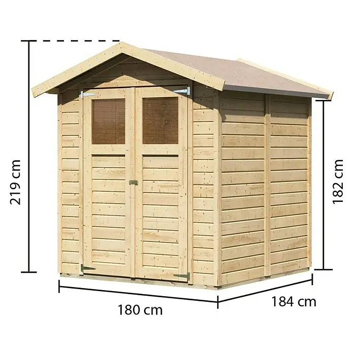 Karibu Gartenhaus Easy - Außenmaß inkl. Dachüberstand (B x T): 207 x 207 cm, Holz, Natur - Abbildung eines Gartenhauses mit den Maßen 180 cm Breite, 184 cm Tiefe und 219 cm Höhe bis zum Giebel. Die Seitenwand ist 182 cm hoch.