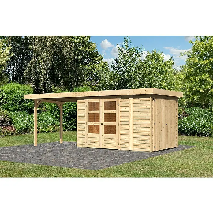 Karibu Gartenhaus Retola 3 - Außenmaß inkl. Dachüberstand (B x T): 603,5 x 238 cm, Holz, Natur - Geräumiges Holzgartenhaus mit Doppeltür und überdachtem Bereich. Ideal zur Aufbewahrung von Gartengeräten und Möbeln im Freien.
