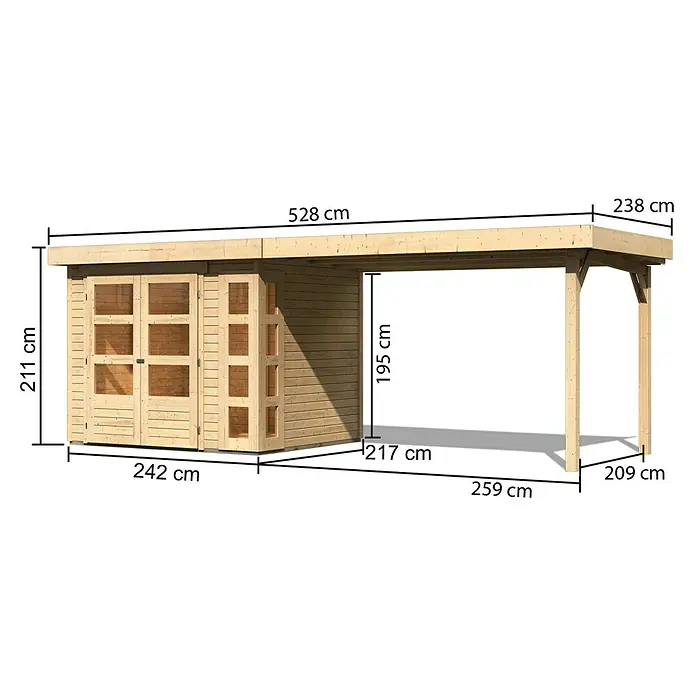 Karibu Gartenhaus Kerko 3 - Außenmaß inkl. Dachüberstand (B x T): 528,5 x 238 cm, Holz, Natur, Mit Seitendach - Ansicht des Holzgaragenbausatzes mit Abmessungen für Planung und Bau, ideal für Heimwerker und Gartenprojekte.
