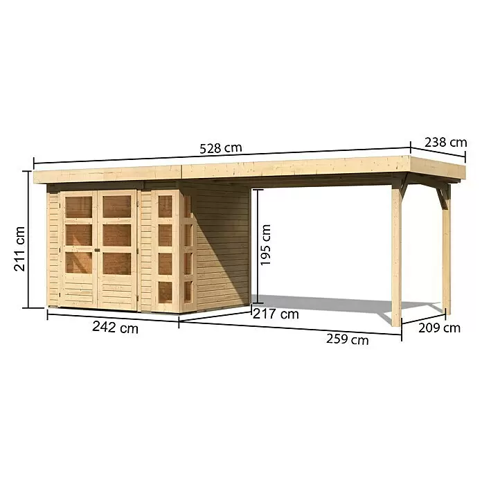 Karibu Gartenhaus Kerko 3Außenmaß inkl. Dachüberstand (B x T): 528,5 x 238 cm, Holz, Natur, Mit Seitendach