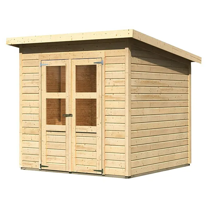 Karibu Gartenhaus Timmo - Außenmaß inkl. Dachüberstand (B x T): 240 x 236 cm, Holz, Natur, Ohne Anbau - Ein Holzschuppen mit Doppeltüren und Fenstern, ideal für die Gartenaufbewahrung und Werkzeuglagerung, mit leicht geneigtem Dach.