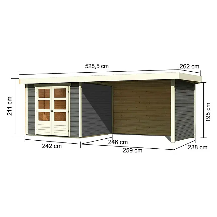 Karibu Gartenhaus Askola 3,5 - Außenmaß inkl. Dachüberstand (B x T): 528,5 x 262 cm, Holz, Terragrau, Mit Seitendach, Rück- und Seitenwand - Ansicht des Gartenhauses mit Abmessungen wie Höhe, Breite und Tiefe, um die räumliche Anordnung und Größe des Produkts zu veranschaulichen.
