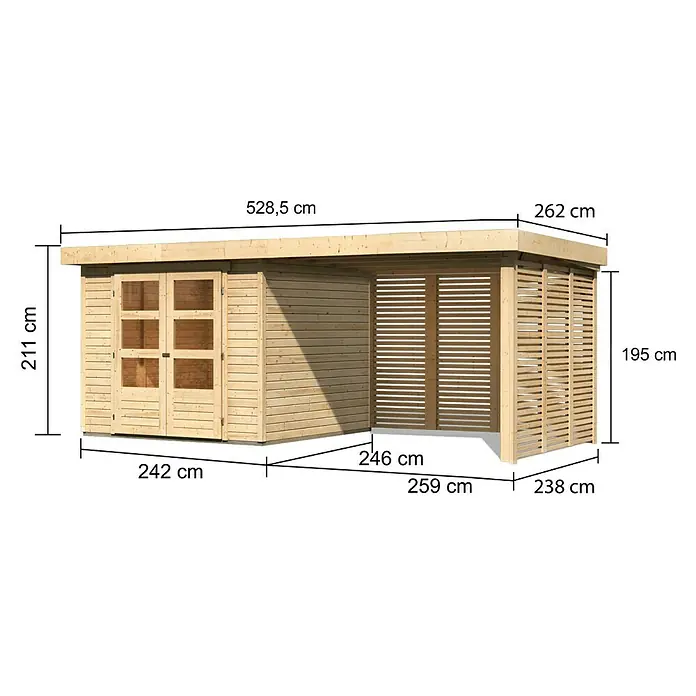 Karibu Gartenhaus Askola 3,5 - Außenmaß inkl. Dachüberstand (B x T): 528,5 x 262 cm, Holz, Natur, Mit Seitendach, Rück- und Seitenwand - Produktansicht eines Gartenhauses mit den jeweiligen Abmessungen in Zentimetern dargestellt.