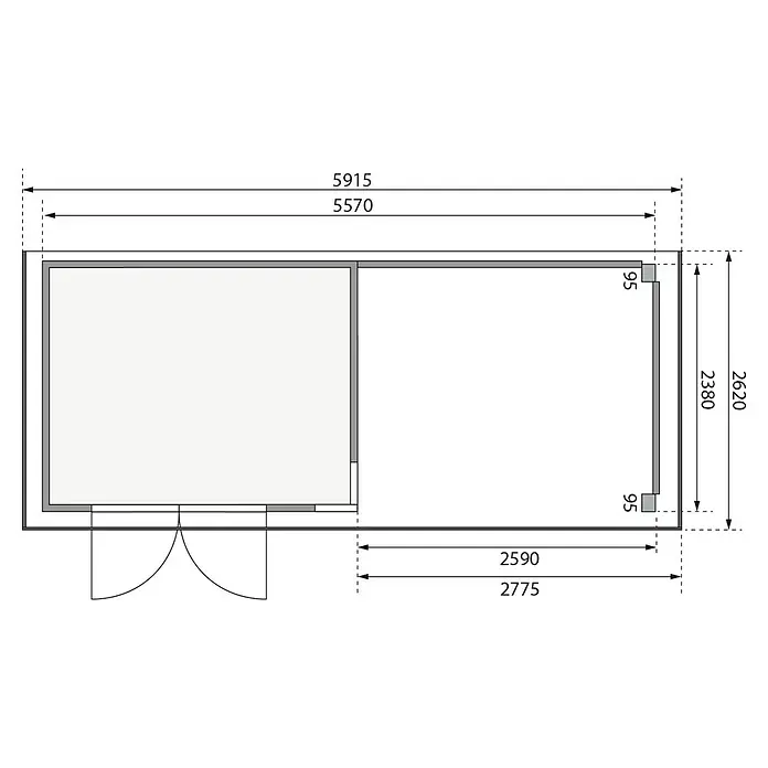 Karibu Gartenhaus Kerko 5 - Außenmaß inkl. Dachüberstand (B x T): 591,5 x 262 cm, Holz, Terragrau, Mit Seitendach und Rückwand - Grundrisszeichnung eines Gartenhauses mit Maßen, die die Gesamtabmessungen und Raumaufteilung des Hauses zeigen.
