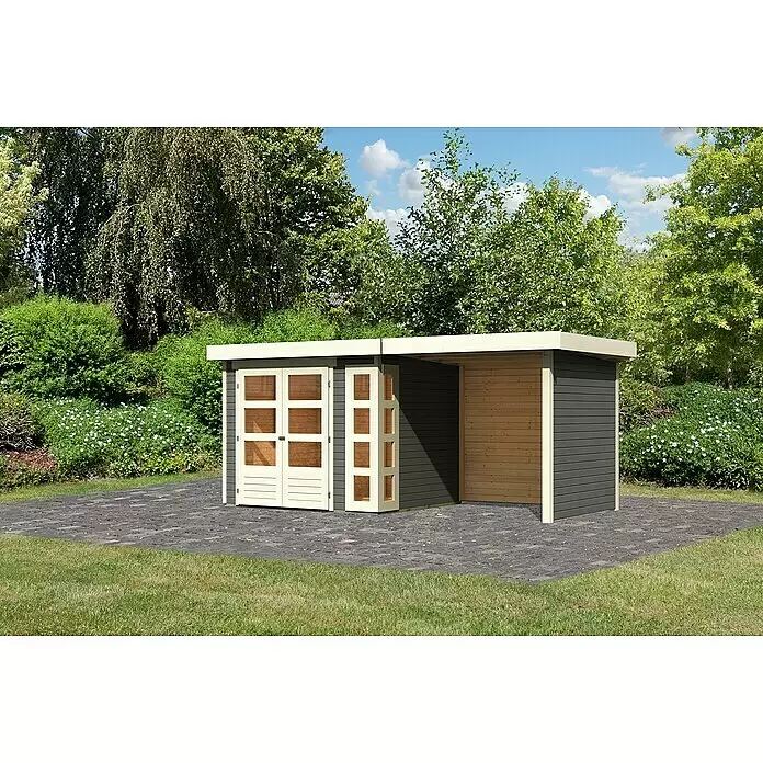 Karibu Gartenhaus Kerko 3 - Außenmaß inkl. Dachüberstand (B x T): 491 x 238 cm, Holz, Terragrau, Mit Seitendach, Rück- und Seitenwand - Modernes graues Gartenhaus mit cremefarbenen Zierelementen und integriertem offenen Lagerbereich, auf einer Terrasse im Garten.