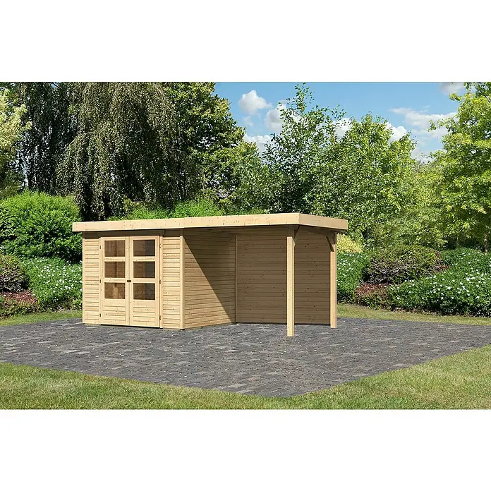 Karibu Gartenhaus Askola 3Außenmaß inkl. Dachüberstand (B x T): 491 x 238 cm, Holz, Natur, Mit Seitendach und Rückwand - Eine moderne Holzgartenlaube mit Doppeltür und überdachtem Sitzbereich, ideal für den Garten.