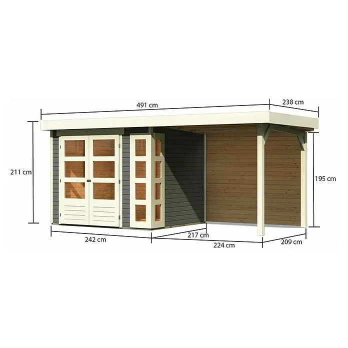 Karibu Gartenhaus Kerko 3 - Außenmaß inkl. Dachüberstand (B x T): 491 x 238 cm, Holz, Terragrau, Mit Seitendach und Rückwand - Ansicht eines Gartenhauses mit den Maßen 491 cm Breite, 211 cm Höhe und 238 cm Tiefe des Vordachs.