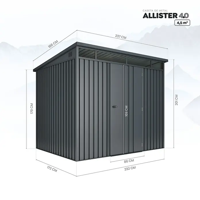 Hoggar Caseta de jardín Allister 4.5 - Medidas ext. (An x Pr): 237 x 186 cm, Antracita, Metal, Área: 4,5 m² - Imagen de una caseta de jardín de metal gris Allister 4.0 con dimensiones de altura, anchura y profundidad.