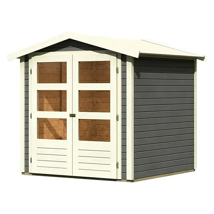 Karibu Gartenhaus Amberg 2 - Außenmaß inkl. Dachüberstand (B x T): 213 x 197 cm, Holz, Terragrau - Kleines Gartenhaus mit Doppeltür und Fenstern. Das Gartenhaus hat ein Satteldach und eine graue Fassade.