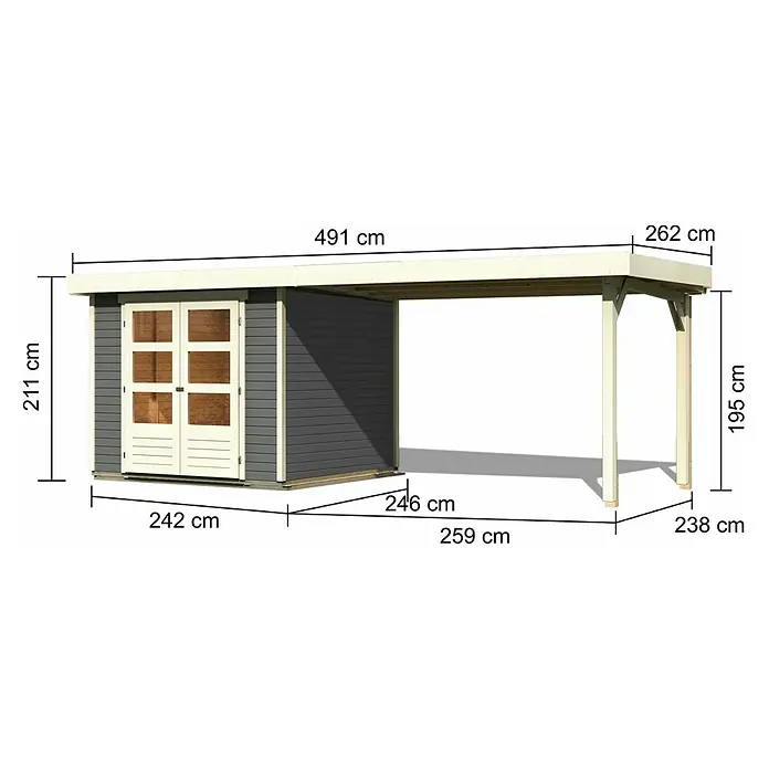 Karibu Gartenhaus Askola 3,5 - Außenmaß inkl. Dachüberstand (B x T): 528,5 x 262 cm, Holz, Terragrau, Mit Seitendach - Ansicht des Holzgartenhauses mit den Maßangaben der Höhe, Breite und Länge in Zentimetern.