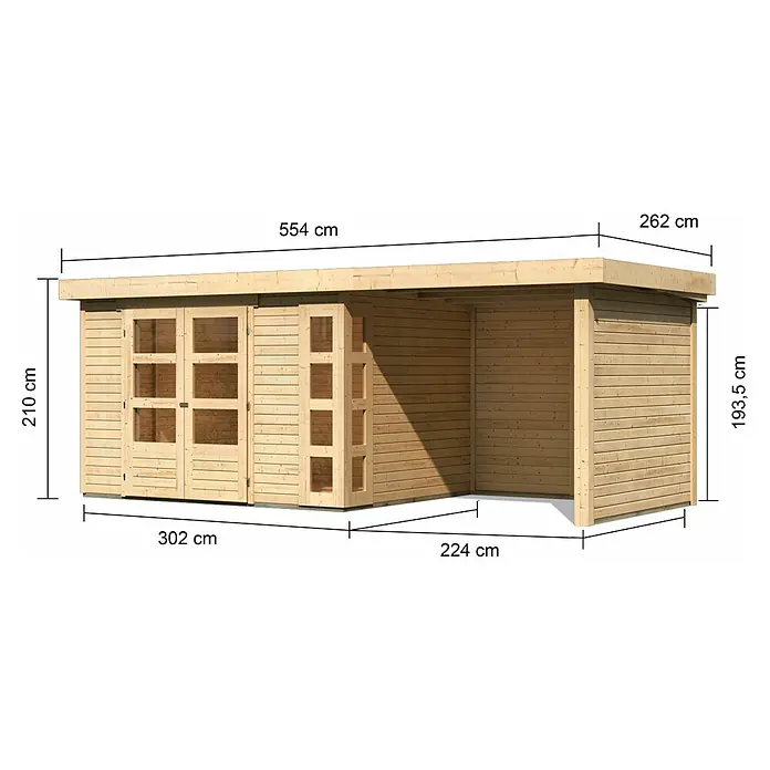 Karibu Gartenhaus Kerko 5 - Außenmaß inkl. Dachüberstand (B x T): 554 x 262 cm, Holz, Natur, Mit Seitendach, Rück- und Seitenwand - Bild eines Holzgartenhauses mit den Maßen 554 cm Länge, 302 cm Breite, 262 cm Tiefe, 210 cm Höhe und 193,5 cm Höhe des Anbaus.