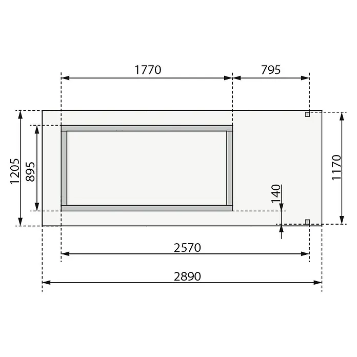 Karibu Gartenhaus - Außenmaß inkl. Dachüberstand (B x T): 289 x 120 cm, Holz, Natur - Technische Zeichnung des Produkts mit detaillierten Maßangaben zur Veranschaulichung von Design und Abmessungen des Produkts.