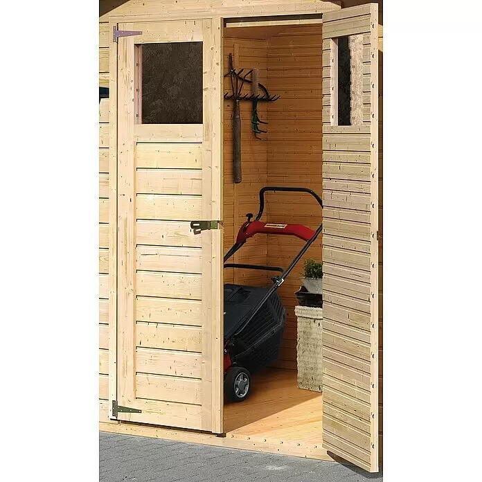 Karibu Gartenhaus Dahme - Außenmaß inkl. Dachüberstand (B x T): 207 x 120 cm, Holz, Natur - Heller Holzschuppen mit offenen Türen, der einen roten Rasenmäher und Gartengeräte im Inneren zeigt.