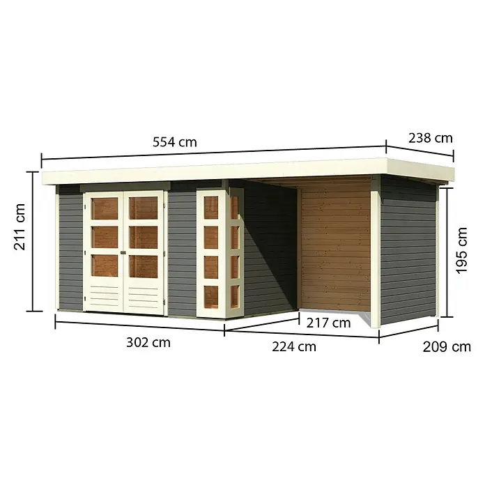 Karibu Gartenhaus Kerko 4 - Außenmaß inkl. Dachüberstand (B x T): 554 x 238 cm, Holz, Terragrau, Mit Seitendach, Rück- und Seitenwand - Abmessungen des Gartenhauses mit Anbau: 554 cm breit, 238 cm tief, 211 cm hoch. Ein großzügiger Raum für Gartengeräte und mehr.