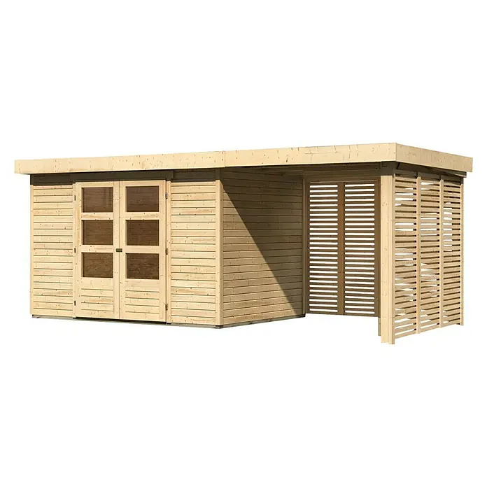 Karibu Gartenhaus Askola 4 - Außenmaß inkl. Dachüberstand (B x T): 554 x 238 cm, Holz, Natur, Mit Seitendach, Rück- und Seitenwand - Ein modernes Gartenhaus mit einem hellen Holzdesign, das sich perfekt in jeden Garten einfügt und zusätzlichen Stauraum bietet.