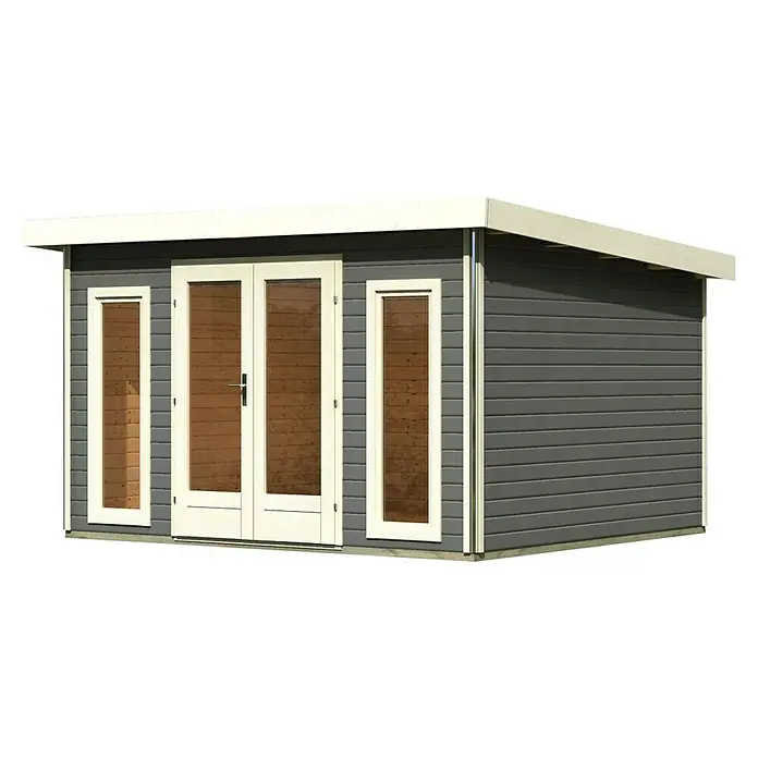 Karibu Gartenhaus Radeburg 2 - Außenmaß inkl. Dachüberstand (B x T): 406 x 331,5 cm, Holz, Terragrau - Eine graue Gartenlaube mit weißen Rahmen um Türen und Fenster sowie einem weißen Dach, ideal für den Garten.