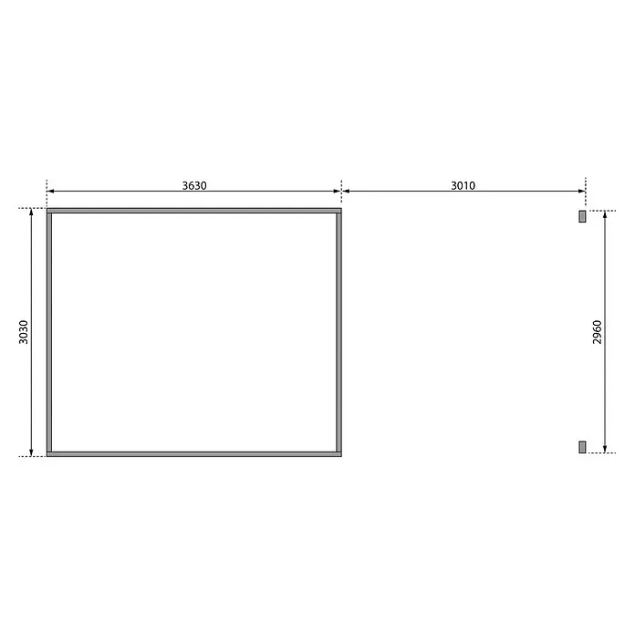 Karibu Gartenhaus Radeburg 2 - Außenmaß inkl. Dachüberstand (B x T): 724 x 331,5 cm, Holz, Natur, Mit Seitendach - Draufsicht des Bauplans eines Hauses mit den Maßen 3630 x 3030 und 3010 x 2960, die die Abmessungen des Hauses zeigen.