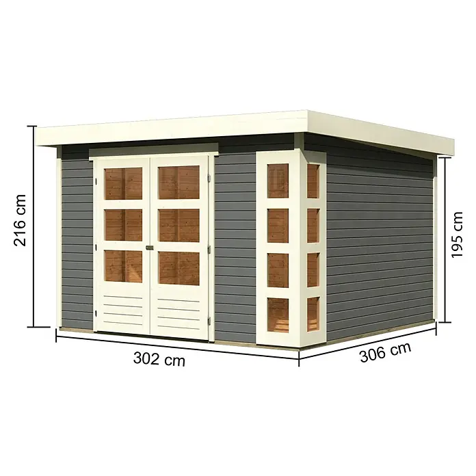 Karibu Gartenhaus Kerko 6 - Außenmaß inkl. Dachüberstand (B x T): 334 x 331 cm, Holz, Terragrau - Bild einer Gartenlaube mit den Maßen 302 cm x 306 cm und einer Höhe von 216 cm bzw. 195 cm.