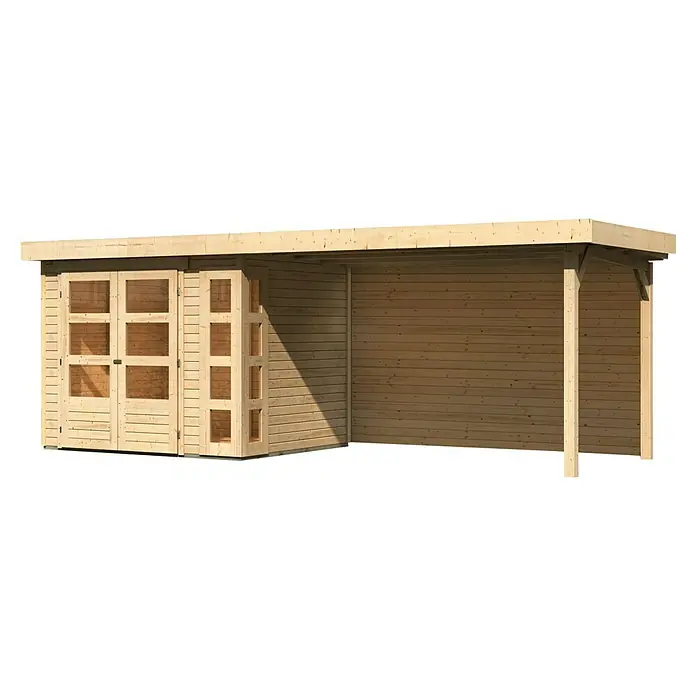 Karibu Gartenhaus Kerko 3 - Außenmaß inkl. Dachüberstand (B x T): 528,5 x 238 cm, Holz, Natur, Mit Seitendach und Rückwand - Eine Gartenlaube aus Holz mit gläsernen Doppeltüren und einem offenen Anbau für gemütliche Stunden im Freien. Das naturbelassene Holz sorgt für Charme.