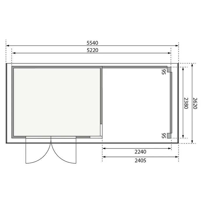 Karibu Gartenhaus Kerko 5 - Außenmaß inkl. Dachüberstand (B x T): 554 x 262 cm, Holz, Natur, Mit Seitendach, Rück- und Seitenwand - Grundriss des Gartenhauses mit Maßangaben. Die Maße für die Gesamtbreite sind 5540 mm und 5220 mm. Die Raumhöhe beträgt 2620 mm.
