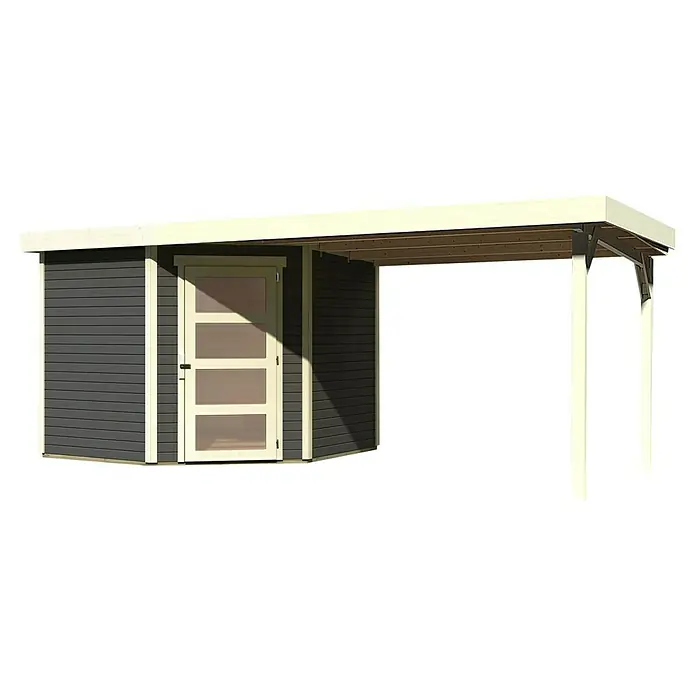Karibu Gartenhaus Schwandorf 5 - Außenmaß inkl. Dachüberstand (B x T): 529,5 x 262 cm, Holz, Terragrau, Mit Seitendach - Abbildung eines modernen Gerätehauses mit Überdachung, ideal für Garten oder Terrasse. Das Haus bietet Stauraum und Schutz vor Wettereinflüssen.