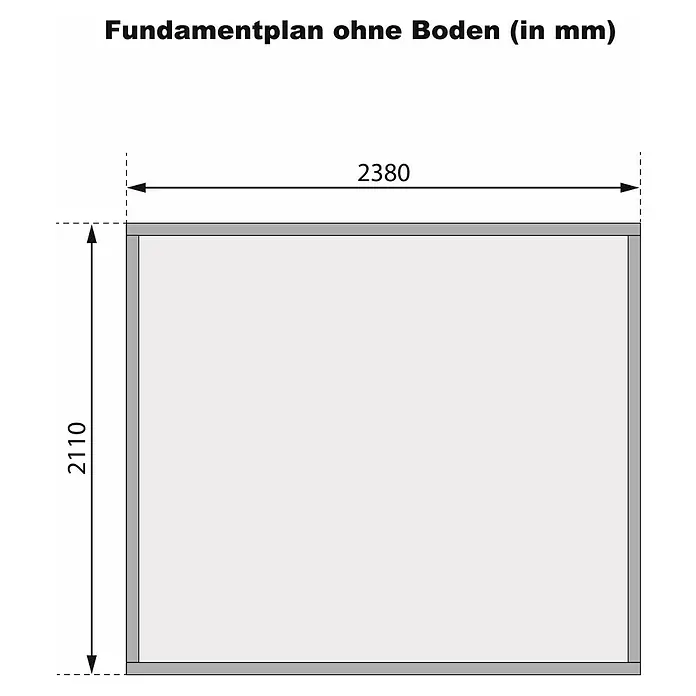 Karibu Gartenhaus Merseburg 5 - Außenmaß inkl. Dachüberstand (B x T): 265 x 236 cm, Holz, Natur, Ohne Seitendach - Fundamentplan ohne Boden mit den Maßen 2380 mm Breite und 2110 mm Höhe, dargestellt in einer technischen Zeichnung.
