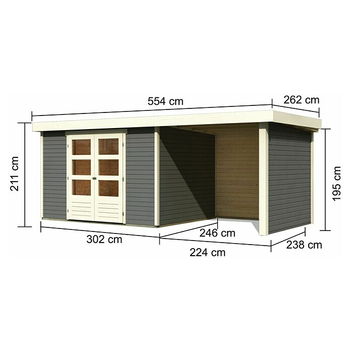 Karibu Gartenhaus Askola 5 (Außenmaß inkl. Dachüberstand (B x T): 554 x 262 cm, Holz, Terragrau, Mit Seitendach, Rück- und Seitenwand) | BAUHAUS