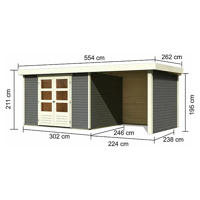 Karibu Gartenhaus Askola 5 - Außenmaß inkl. Dachüberstand (B x T): 554 x 262 cm, Holz, Terragrau, Mit Seitendach, Rück- und Seitenwand - Eine Abbildung eines Gartenhauses mit genauen Maßangaben in Zentimetern, die die Abmessungen und Dimensionen des Produkts zeigen.