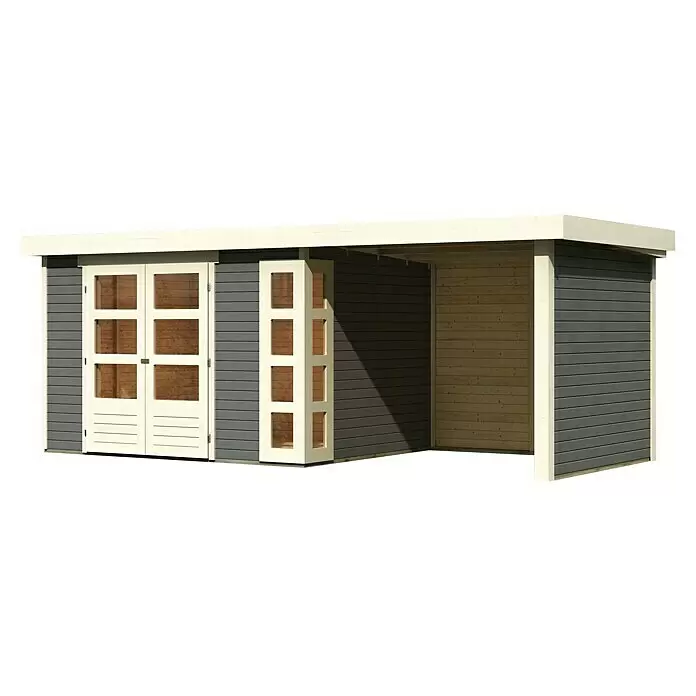 Karibu Gartenhaus Kerko 5Außenmaß inkl. Dachüberstand (B x T): 554 x 262 cm, Holz, Terragrau, Mit Seitendach, Rück- und Seitenwand