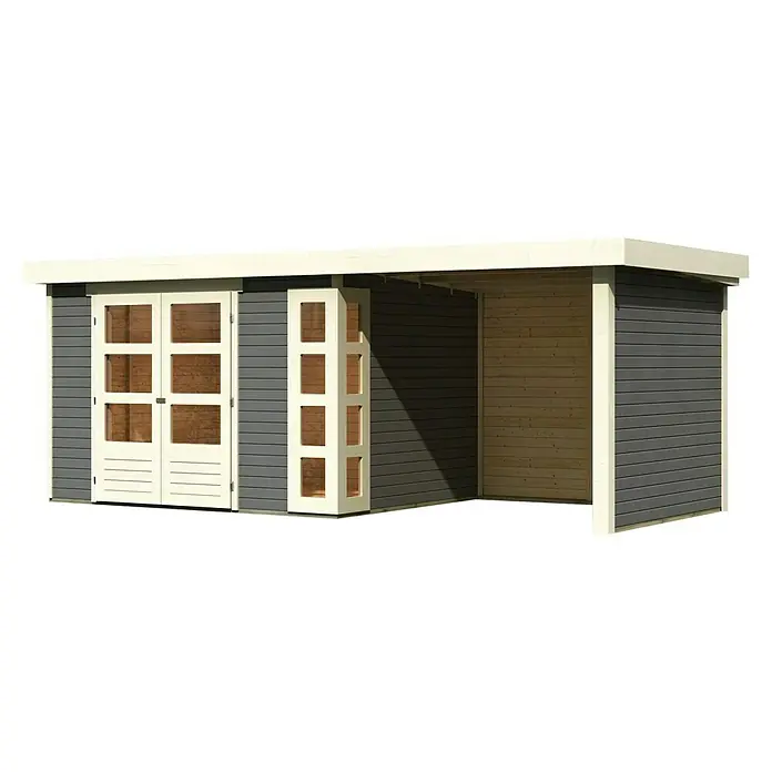 Karibu Gartenhaus Kerko 5 - Außenmaß inkl. Dachüberstand (B x T): 554 x 262 cm, Holz, Terragrau, Mit Seitendach, Rück- und Seitenwand - Ein modernes Gartenhaus mit Doppeltüren und einem überdachten Bereich, ideal für zusätzlichen Stauraum und Wetterschutz.