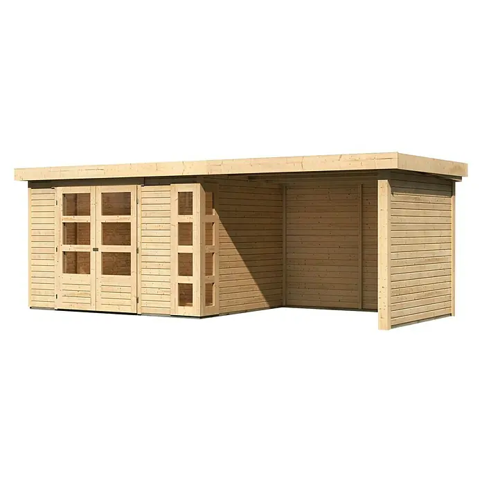 Karibu Gartenhaus Kerko 5 - Außenmaß inkl. Dachüberstand (B x T): 591,5 x 262 cm, Holz, Natur, Mit Seitendach, Rück- und Seitenwand - Holzgartenhaus mit Doppeltüren und offenem Anbau. Ideal für den Garten, bietet es Schutz und Stauraum.