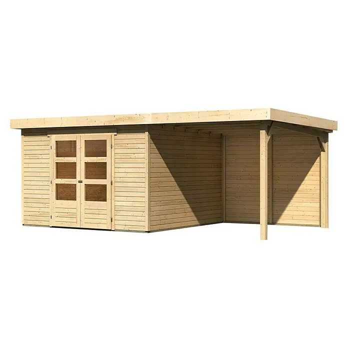 Karibu Gartenhaus Askola 6 - Außenmaß inkl. Dachüberstand (B x T): 558 x 331 cm, Holz, Natur, Mit Seitendach- und Rückwand - Hellbraunes Holzgartenhaus mit Doppeltür und Veranda. Dieses Gartenhaus bietet zusätzlichen Platz im Freien und Stauraum.