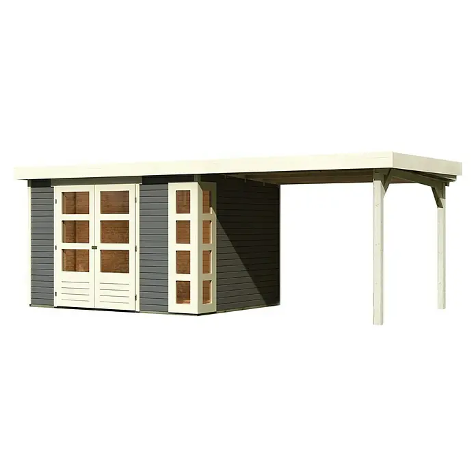 Karibu Gartenhaus Kerko 5 - Außenmaß inkl. Dachüberstand (B x T): 591,5 x 262 cm, Holz, Terragrau, Mit Seitendach - Ein modernes Gartenhaus mit Flachdach und seitlichem Carportbereich. Das Haus ist in Grau gehalten und hat weiße Akzente an Türen und Rahmen.