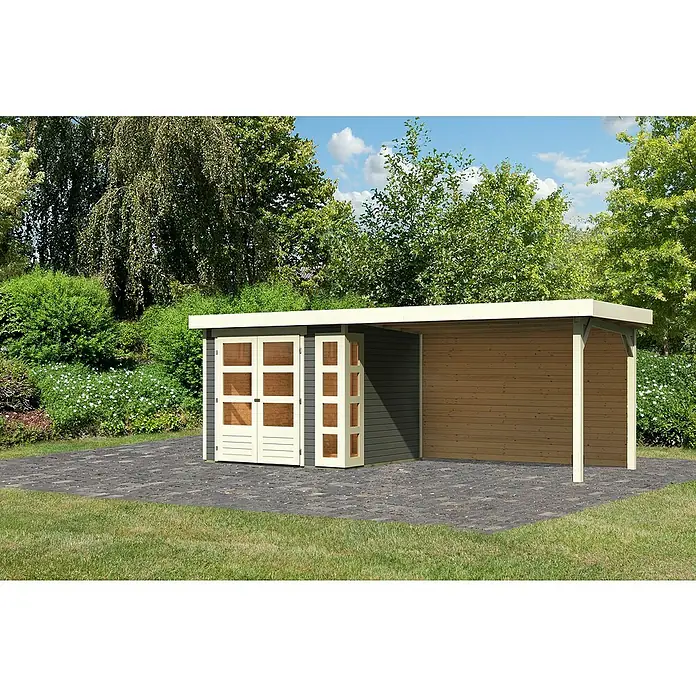 Karibu Gartenhaus Kerko 3Außenmaß inkl. Dachüberstand (B x T): 528,5 x 238 cm, Holz, Terragrau, Mit Seitendach und Rückwand - Ein modernes Holzgartenhaus mit Doppeltür und einem offenen Unterstandsbereich, ideal für die Lagerung und als Wetterschutz.