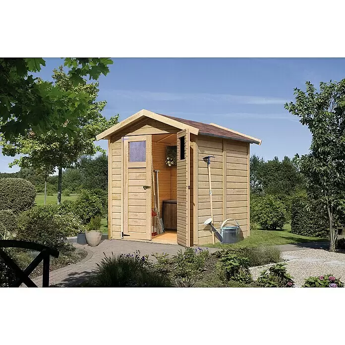 Karibu Gartenhaus Easy - Außenmaß inkl. Dachüberstand (B x T): 207 x 207 cm, Holz, Natur - Hölzerner Gartenschuppen mit offener Tür, aus Naturholz in einem grünen Garten.