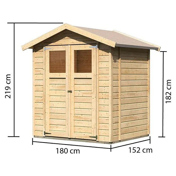 Karibu Gartenhaus Easy - Außenmaß inkl. Dachüberstand (B x T): 207 x 178 cm, Holz, Natur - Bild einer Holzgartenhütte mit den Maßen 219 cm Höhe, 180 cm Breite und 152 cm Tiefe. Die Hütte verfügt über eine Doppeltür mit Fenstern.