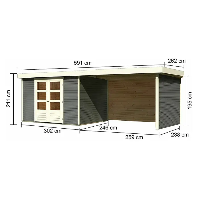 Karibu Gartenhaus Askola 5 - Außenmaß inkl. Dachüberstand (B x T): 591,5 x 262 cm, Holz, Terragrau, Mit Seitendach, Rück- und Seitenwand - Bild einer Gartenlaube mit präzisen Maßangaben, die die Abmessungen und Proportionen des Holzhauses hervorheben.