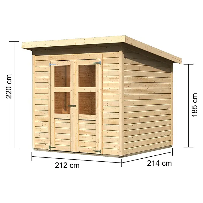 Karibu Gartenhaus Express - Außenmaß inkl. Dachüberstand (B x T): 240 x 236 cm, Holz, Naturbelassen, Ohne Anbau - Abbildung eines Holzschuppens mit Maßangaben (Höhe: 220 cm, 185 cm; Breite: 212 cm, 214 cm).