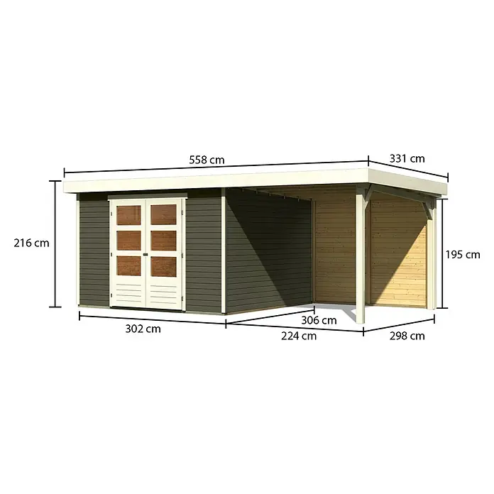 Karibu Gartenhaus Askola 6 - Außenmaß inkl. Dachüberstand (B x T): 558 x 331 cm, Holz, Terragrau, Mit Seitendach und Rückwand - Ansicht eines Gartenhauses mit den Maßen 558 cm Länge und 216 cm Höhe.