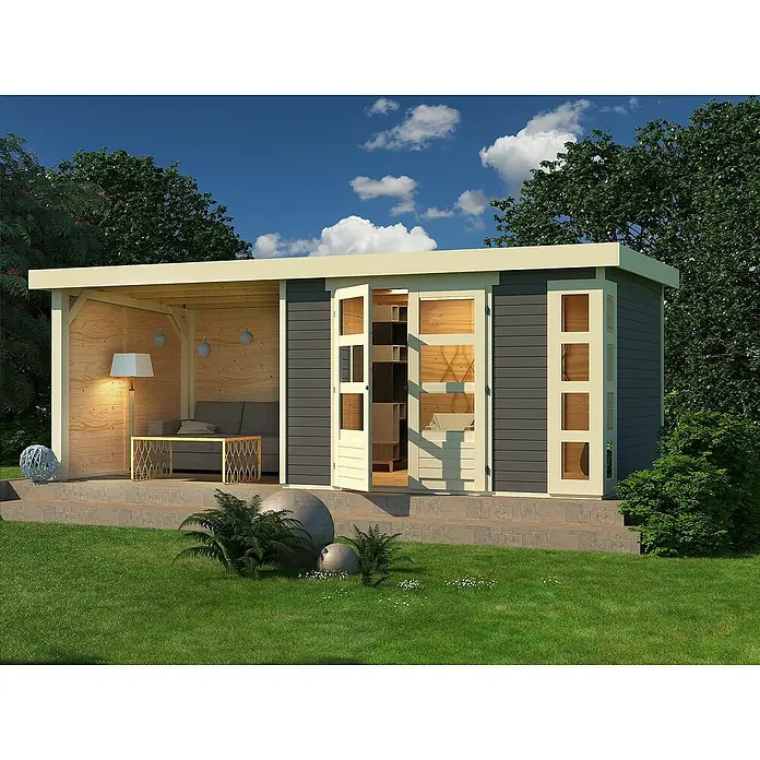 Karibu Gartenhaus Kerko 5 - Außenmaß inkl. Dachüberstand (B x T): 591,5 x 262 cm, Holz, Terragrau, Mit Seitendach, Rück- und Seitenwand - Gartenhaus mit offenem Wohnbereich, ideal zum Entspannen im Freien. Die graue Holzfassade harmoniert mit dem hellen Innenraum und der Umgebung.