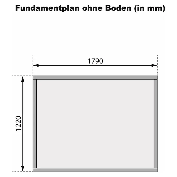 Karibu Gartenhaus Timmo - Außenmaß inkl. Dachüberstand (B x T): 189 x 142 cm, Holz, Natur, Ohne Anbau - Fundamentplan ohne Boden mit den Maßen 1790 mm in der Breite und 1220 mm in der Höhe in Millimetern.