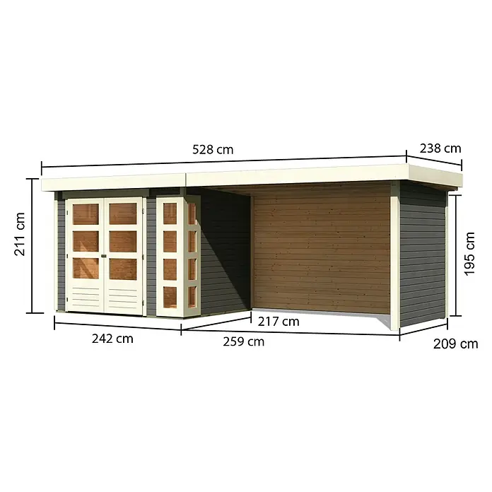 Karibu Gartenhaus Kerko 3 - Außenmaß inkl. Dachüberstand (B x T): 528,5 x 238 cm, Holz, Terragrau, Mit Seitendach, Rück- und Seitenwand - Abbildung eines Gartenhauses mit genauen Maßangaben, die seine Größe und Abmessungen hervorheben.