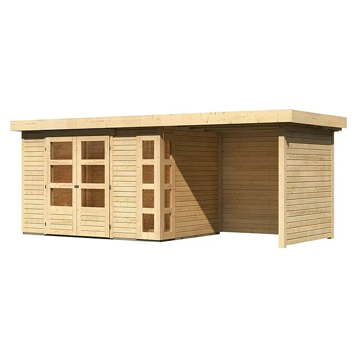 Karibu Gartenhaus Kerko 4 - Außenmaß inkl. Dachüberstand (B x T): 554 x 238 cm, Holz, Natur, Mit Seitendach, Rück- und Seitenwand - Abbildung eines Holzgartenhauses mit Fenstern und überdachtem Bereich. Das Haus ist aus hellen Holzbrettern gefertigt und hat eine moderne Optik.