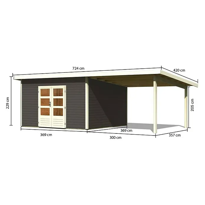 Karibu Gartenhaus Northeim 5 - Außenmaß inkl. Dachüberstand (B x T): 724 x 393 cm, Holz, Terragrau, Mit Seitendach - Abbildung eines Gartenhauses mit Abmessungen, das die Länge, Breite und Höhe des Produkts zeigt.