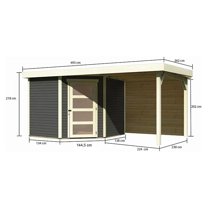 Karibu Gartenhaus Schwandorf 5 - Außenmaß inkl. Dachüberstand (B x T): 492,5 x 262 cm, Holz, Terragrau, Mit Seitendach und Rückwand - Draufsicht des Gartenhauses mit überdachter Terrasse und Maßen. Das Haus hat eine Tür mit Glaseinsätzen und eine graue Fassade.