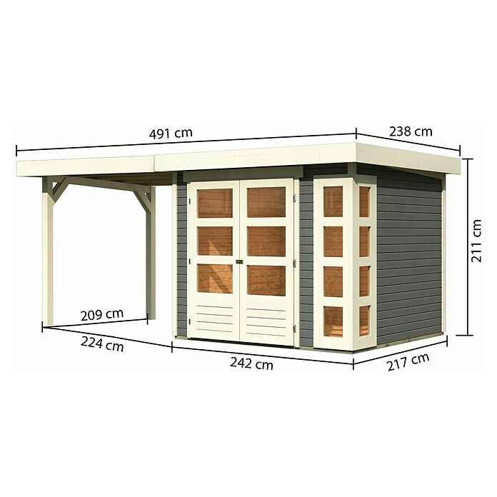 Karibu Gartenhaus Kerko 3 (Außenmaß inkl. Dachüberstand (B x T): 491 x 238 cm, Holz, Terragrau, Mit Seitendach) | BAUHAUS